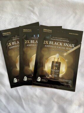 Derma 2X Black Snail Ampoule Facial Sheet Mask, Repair/Hydrate, Korean, 3 Pack